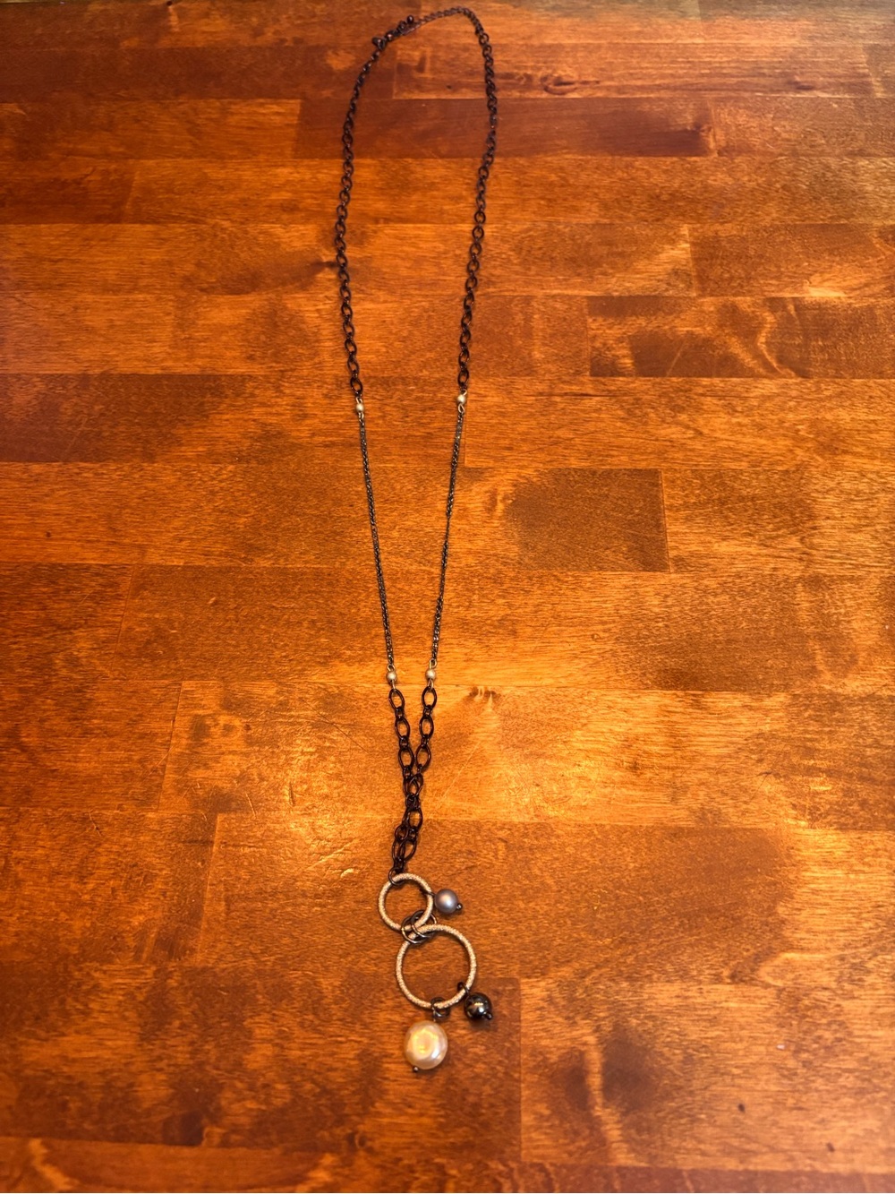 Lia Sophia Black Chain Necklace with Pearl and Gunmetal Ring Charms